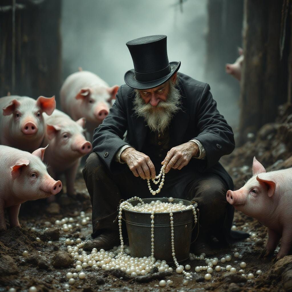 Man Collecting Pearls in Pig Pen, Digital Art