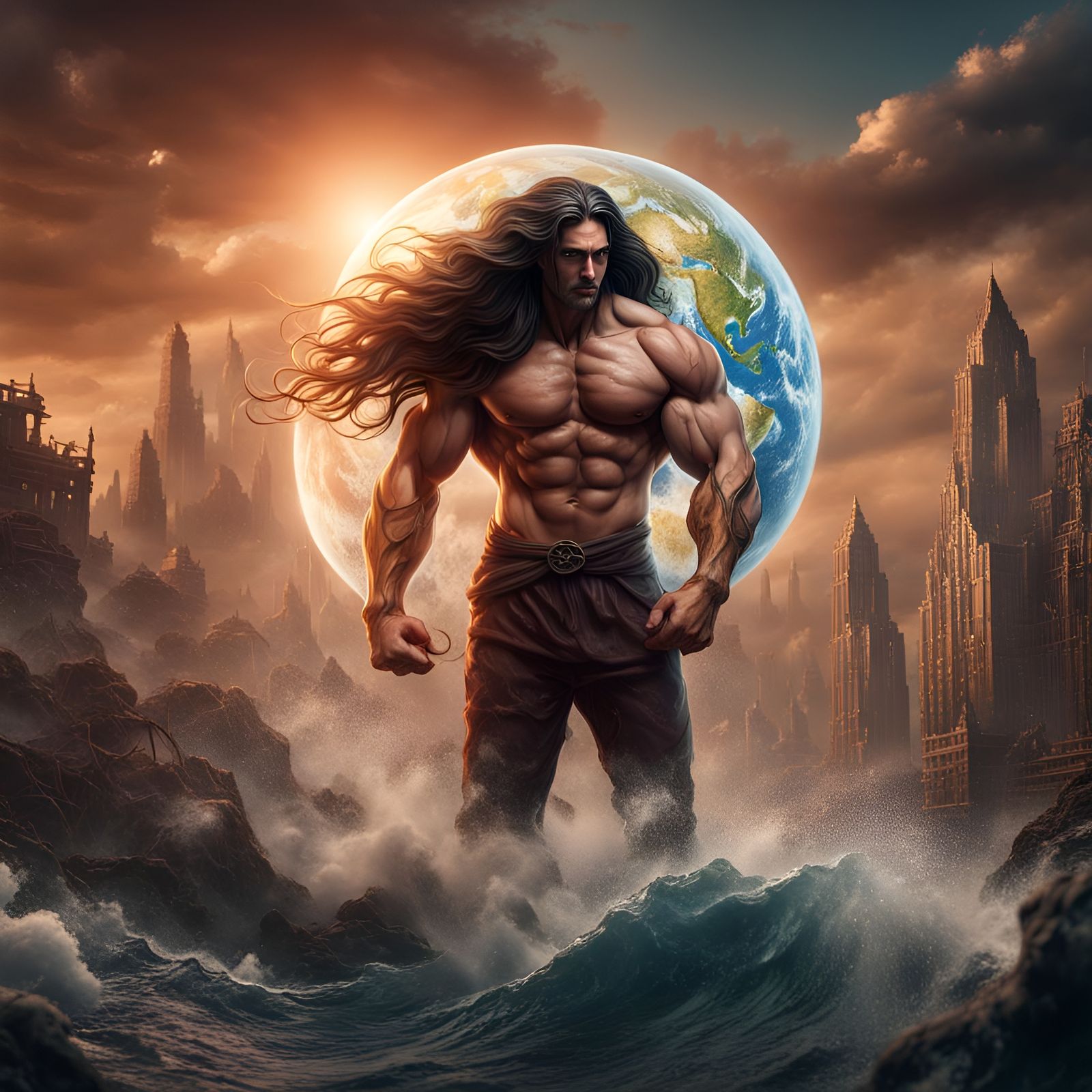Muscular Figure Saving Earth from Climate Disaster
