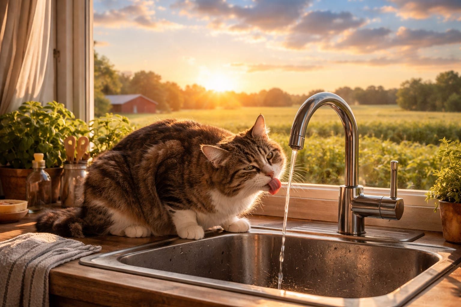 Cat Drinks From Kitchen Sink at Sunrise