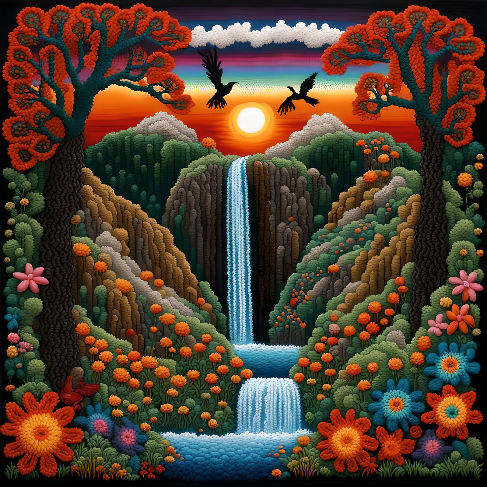 Enchanted Forest Waterfall in Huichol Yarn Art