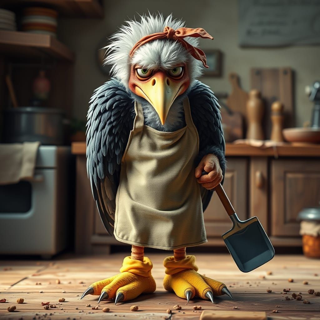 Grumpy Vulture in Kitchen Apron with Yellow Slippers