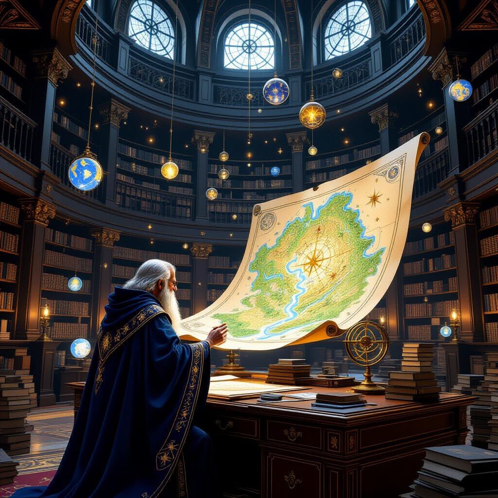 Elderly Cartographer in Magical Library with Levitating Map