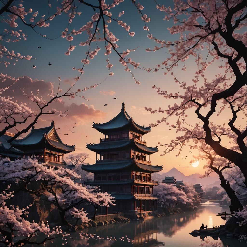 Chinese Building Silhouette with Cherry Blossoms at Sunset