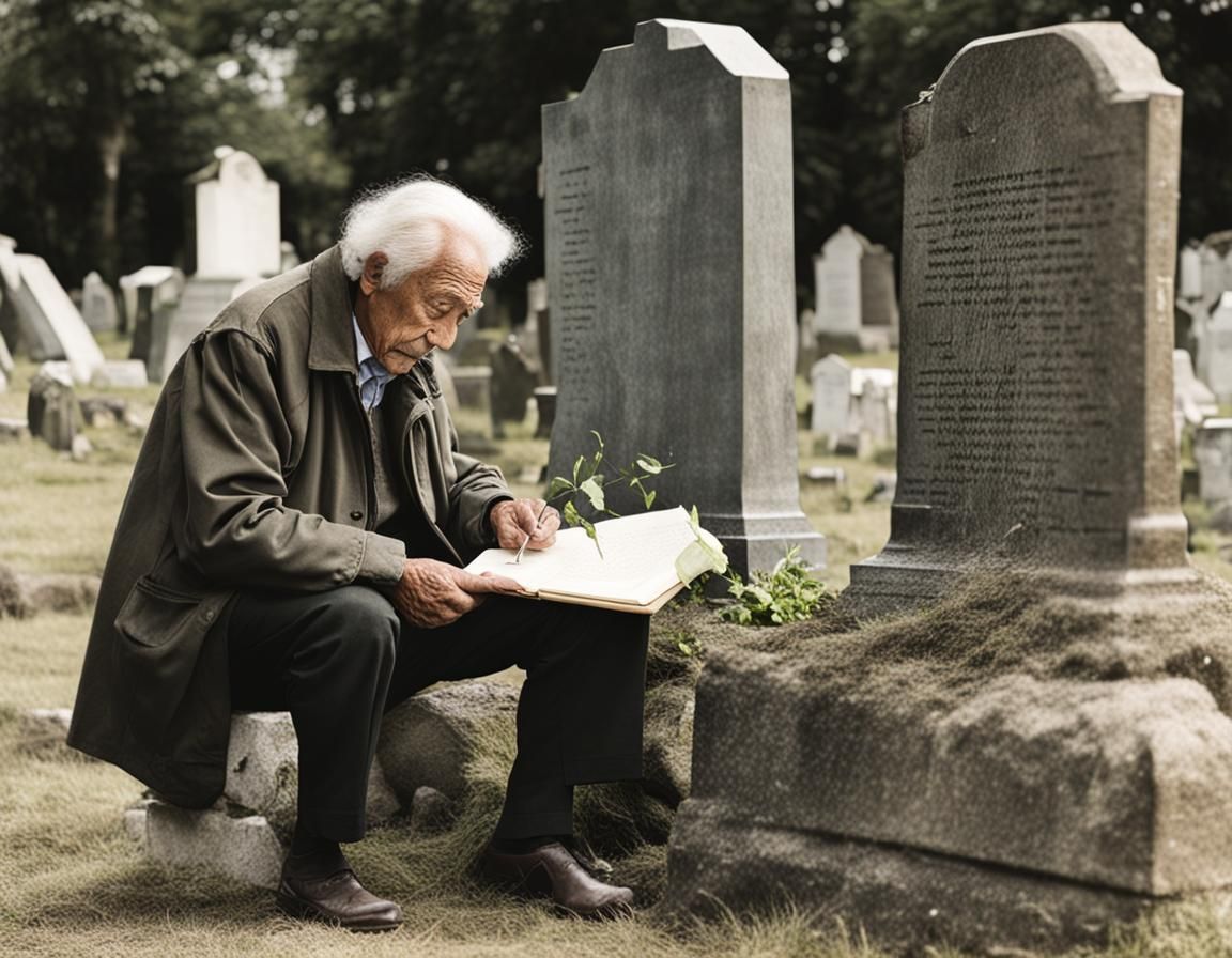 Old Man Writing in Icelandic Cemetery