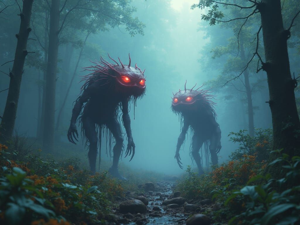 Mystical Newts in a Neon-Lit Forest