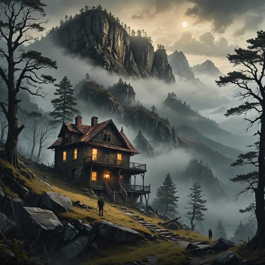 Mysterious Abandoned House on Misty Mountain, Detailed Matte...