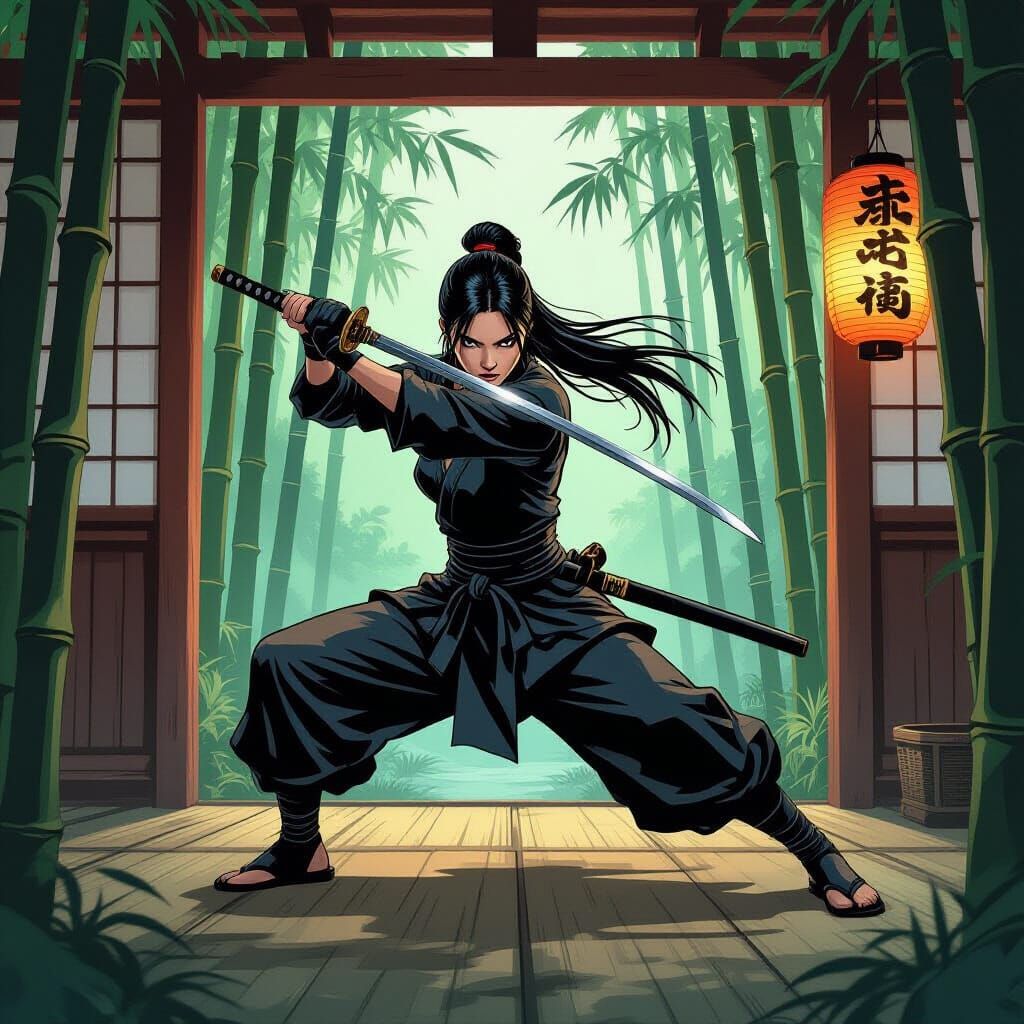 Ninja in Dojo: Comic Book Art Style
