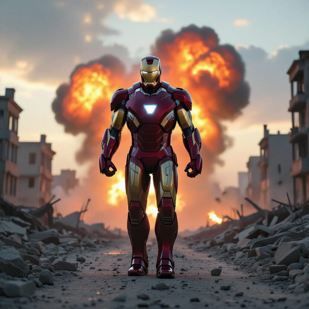 Iron Man in Fiery City Explosion Cinematic Still