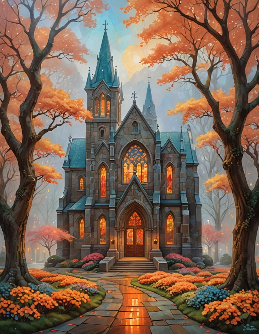 Ethereal Church with Quince Blossoms in Golden Light