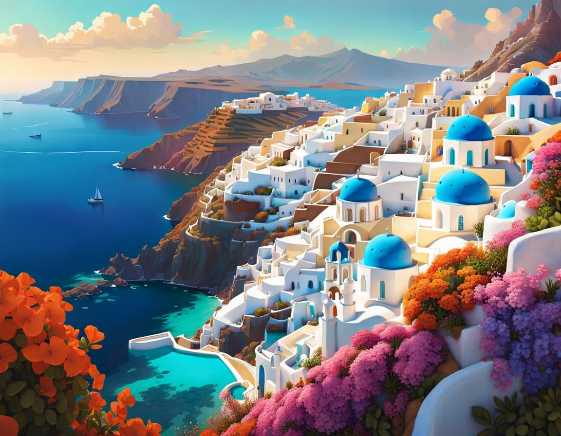 Santorini Coastline View in Pastel Colors