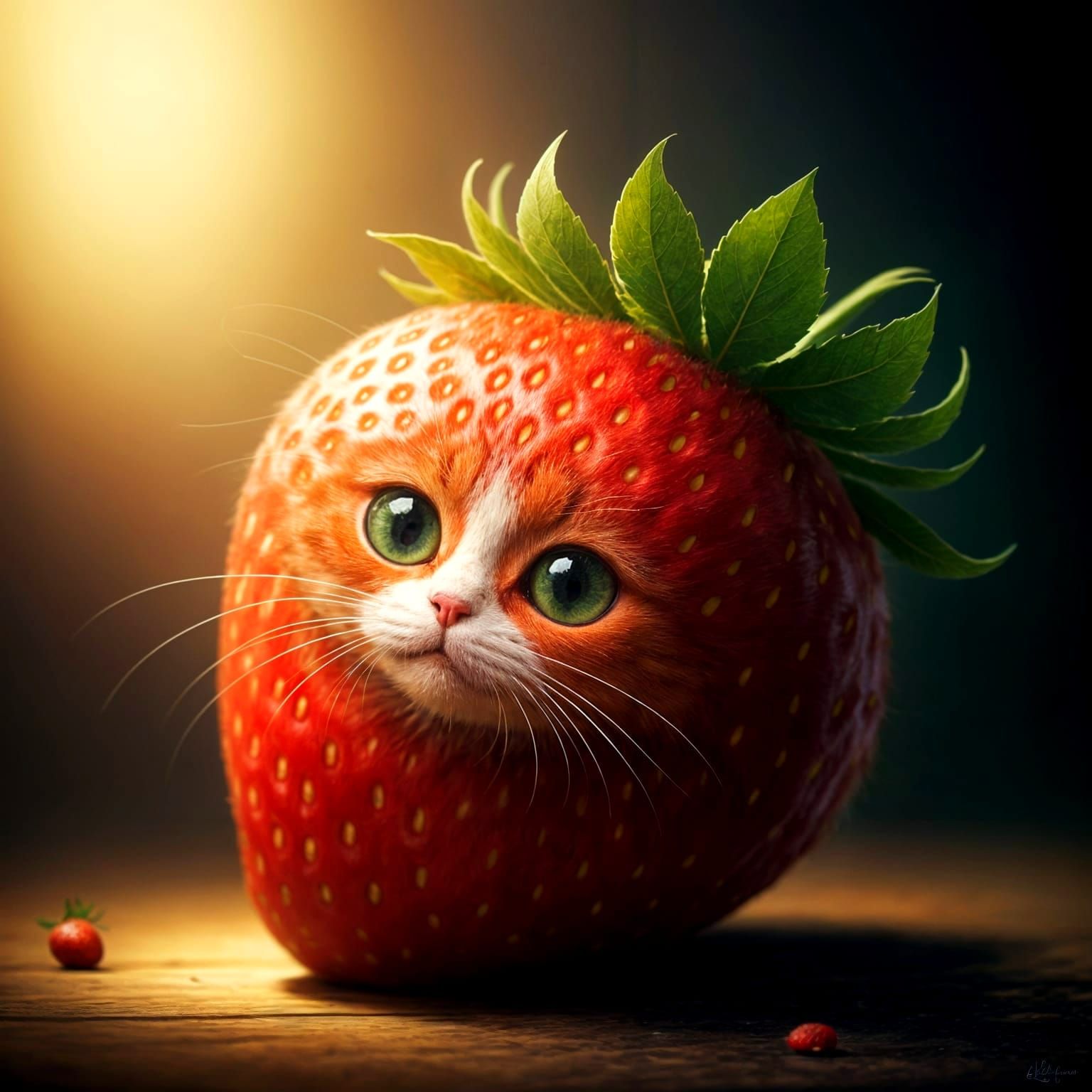 Surreal Whimsical Cat Blends into a Ripe Strawberry in Paste...