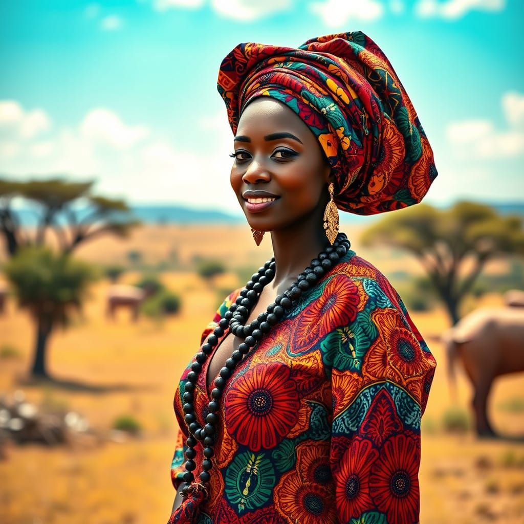 African Woman in Adinkra-Print Dashiki and Headwrap