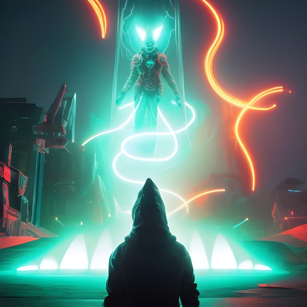 Hooded Alien Creature in Synthwave Glitchcore Style