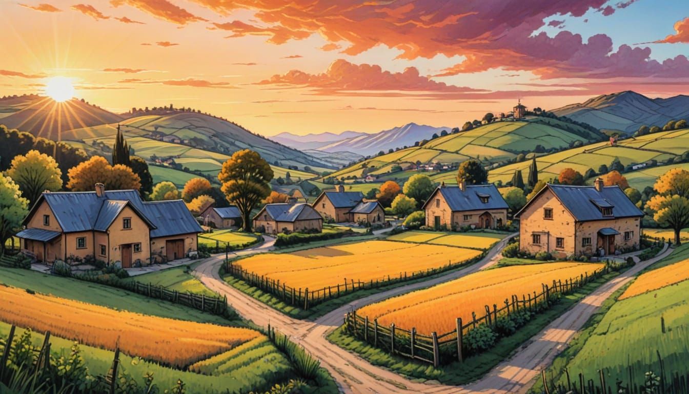 Charming Village at Sunset in Vibrant Alcohol Marker Style