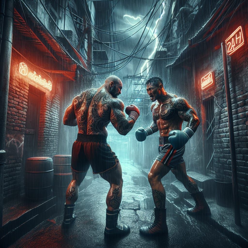 Intense Boxing Match in Noir Alleyway