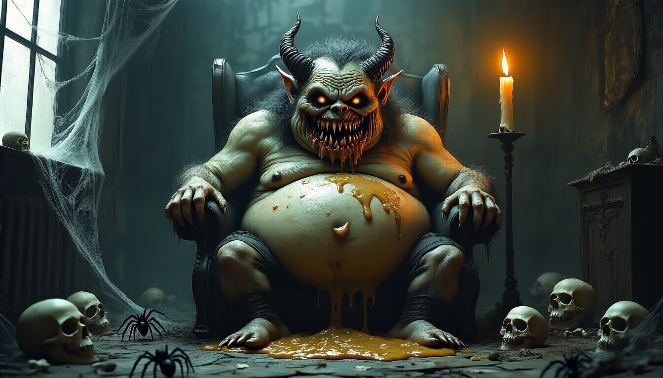 Grotesque Demon Devouring Slop in Gothic Horror Setting
