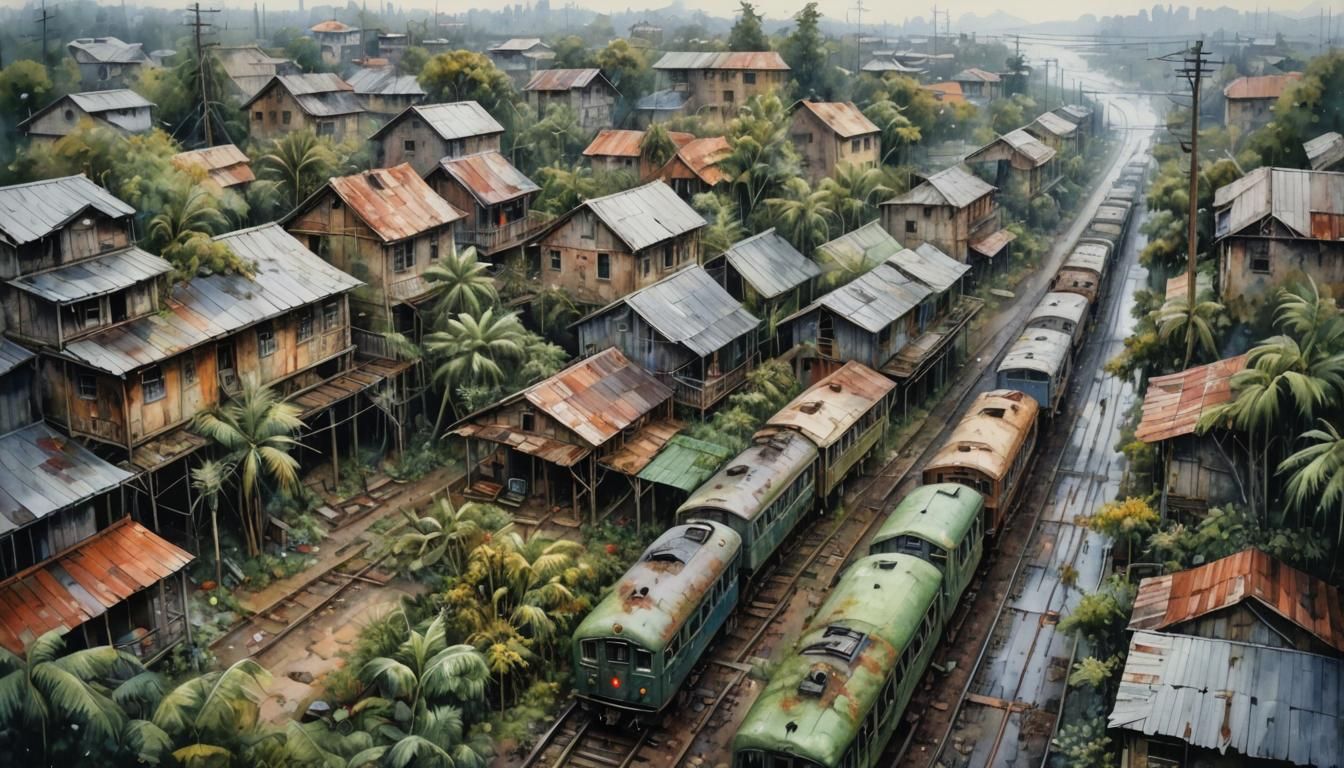 Post-Apocalyptic Cityscape in Watercolor Style