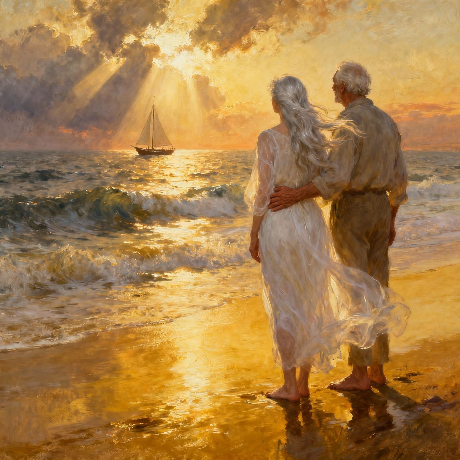 Elderly Couple on Golden Shoreline at Sunset