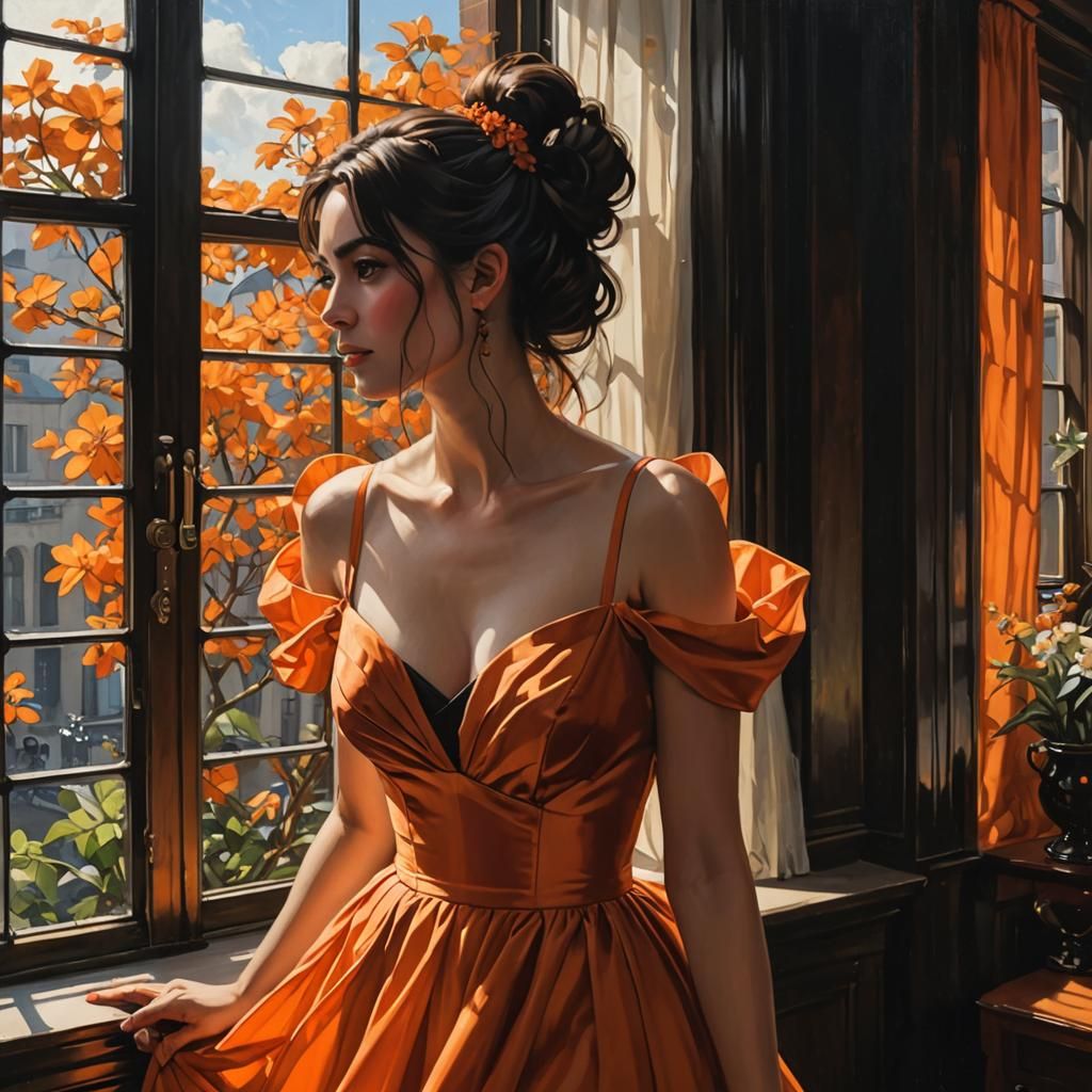Girl in Orange Gown, Alphonse Mucha Style