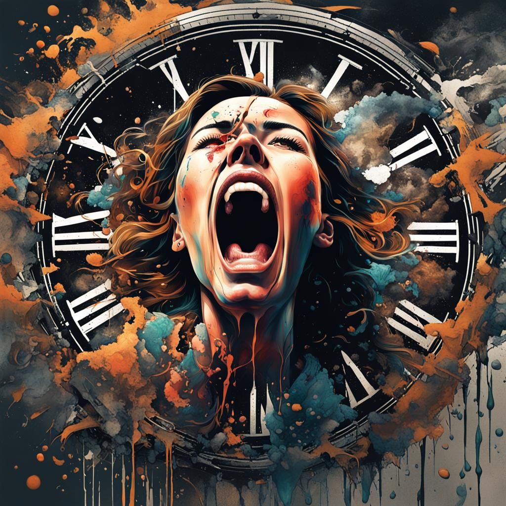Dramatic Scream: Hyperrealistic Portrait with Clock Brand