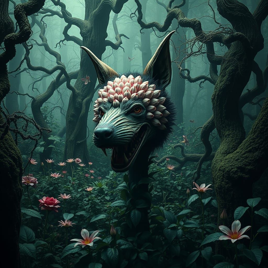 Mystical Garden with Dog-Headed Bouquet in Gothic Style