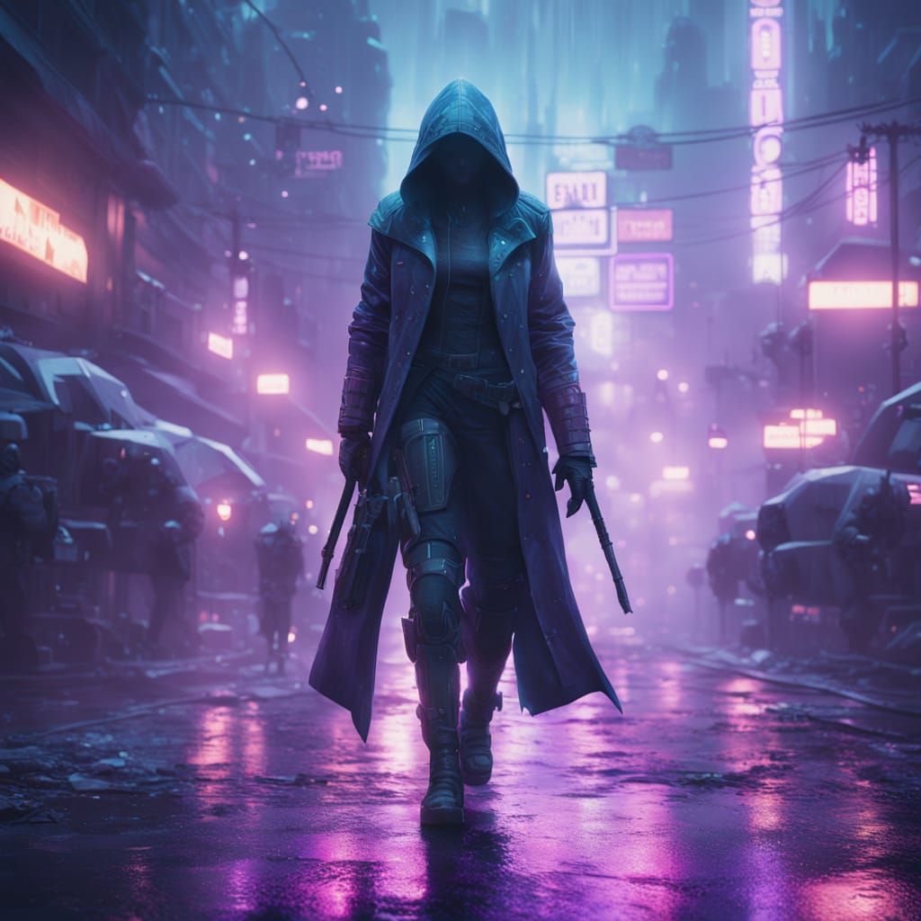 Cyberpunk Assassin Goddess Reigns in Dystopian Metropolis