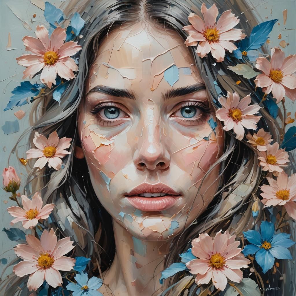 Woman with Heterochromia in Floral Oil Painting