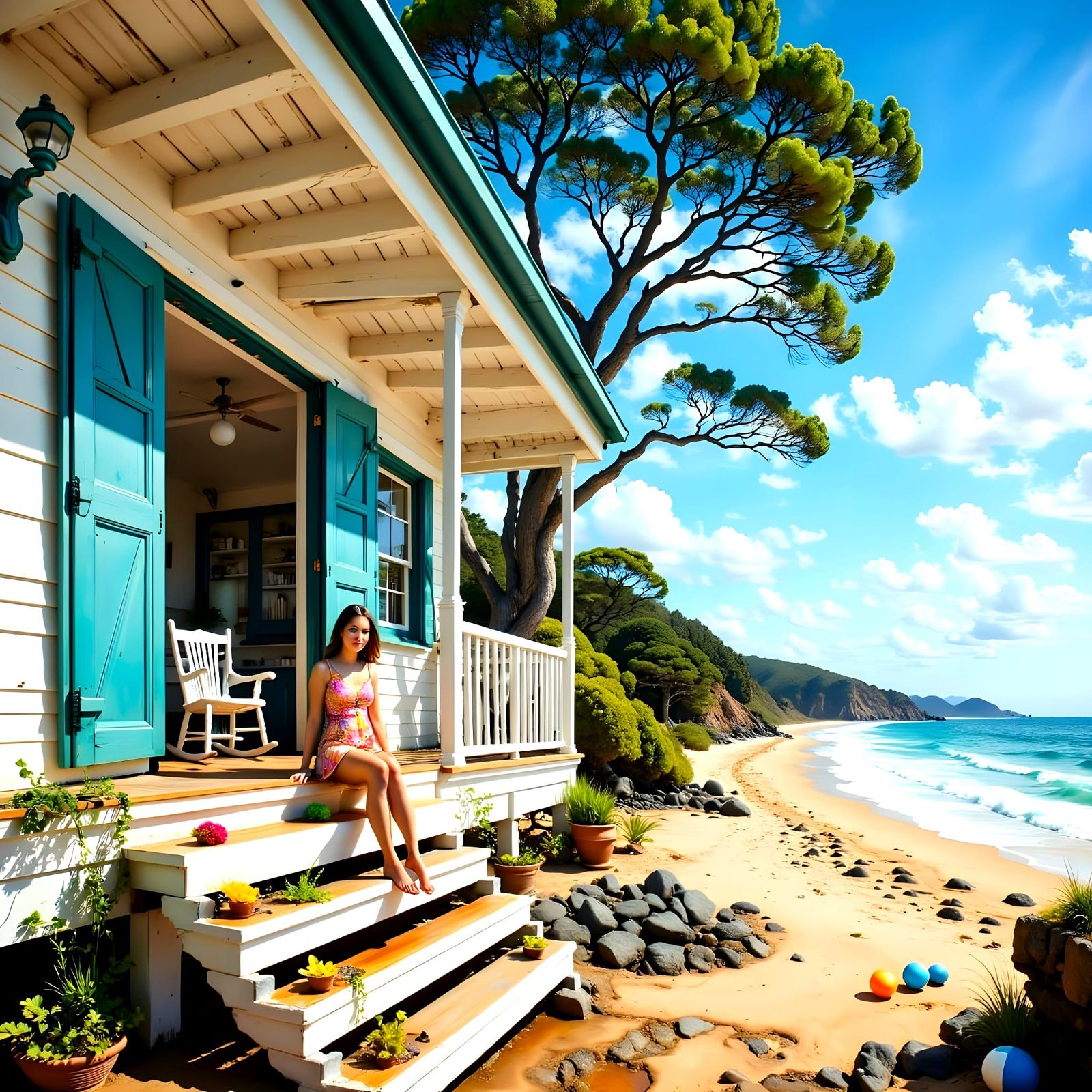 Australian Beach Scene in Vibrant Watercolor Style