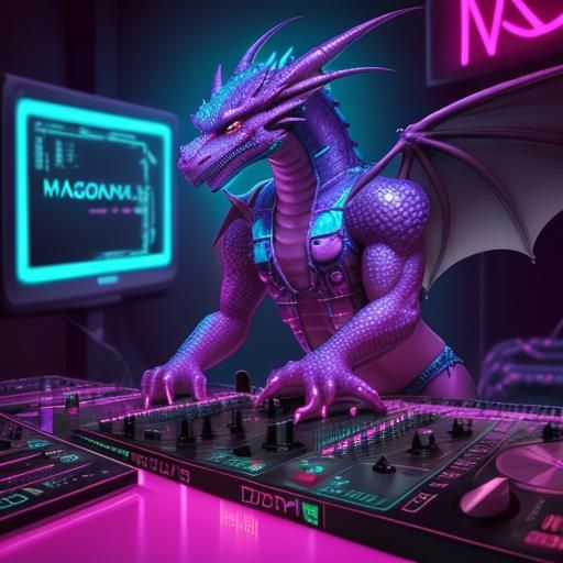 Dragon DJing in Synthwave Neon Retro Style