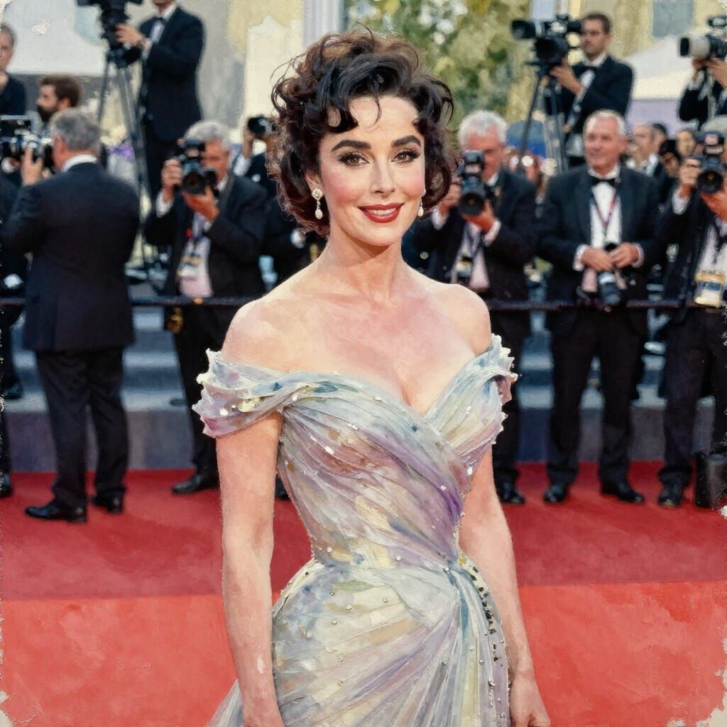 Elizabeth Taylor Smiling on Red Carpet in Watercolor Style
