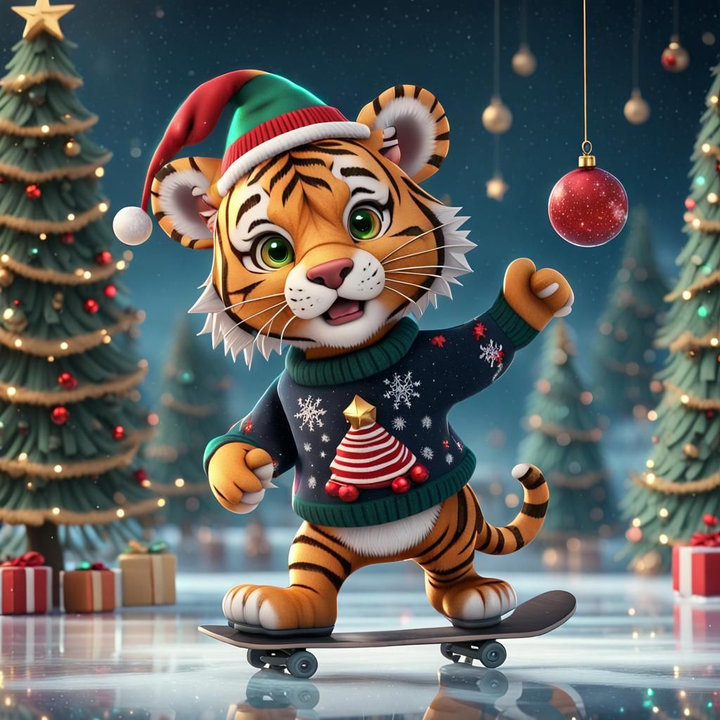 Festive 3D Tiger Skating Scene