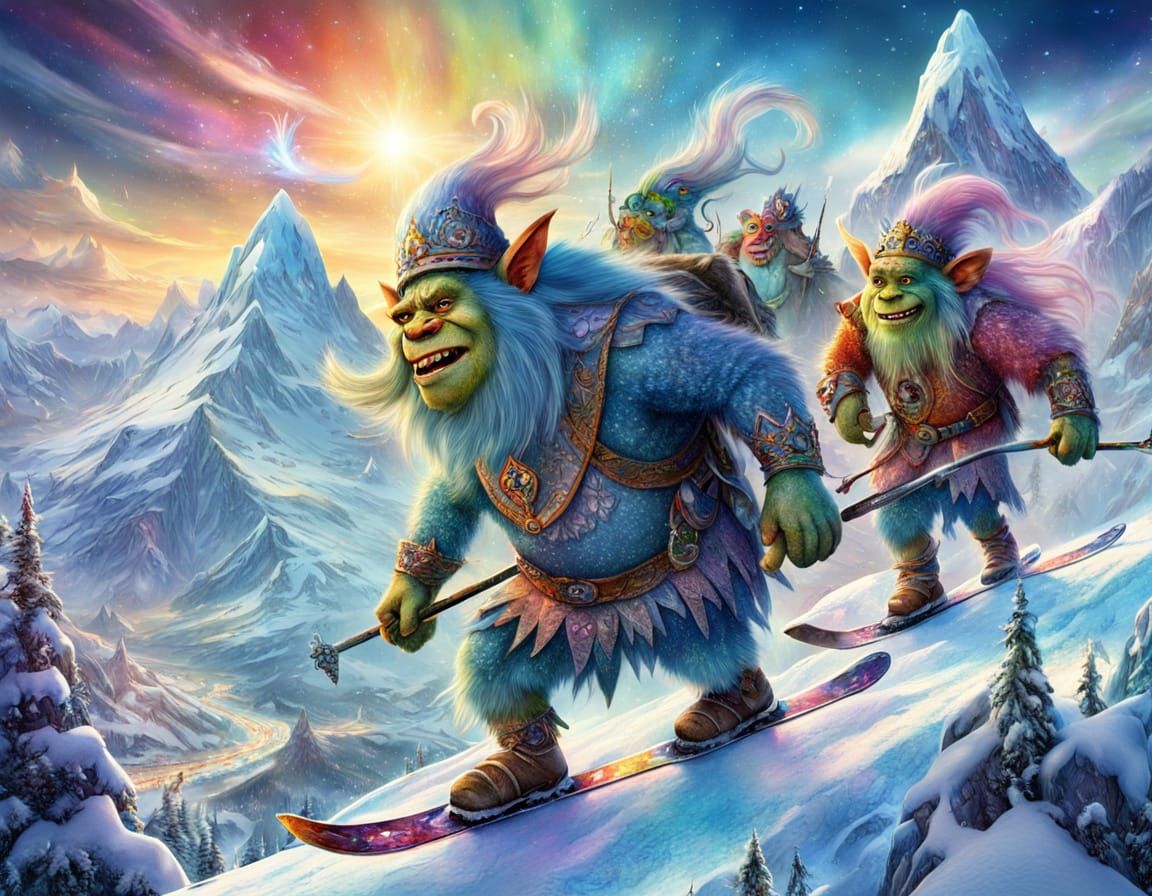 Mythical Creatures Skiing Snowy Mountains in Ethereal Style