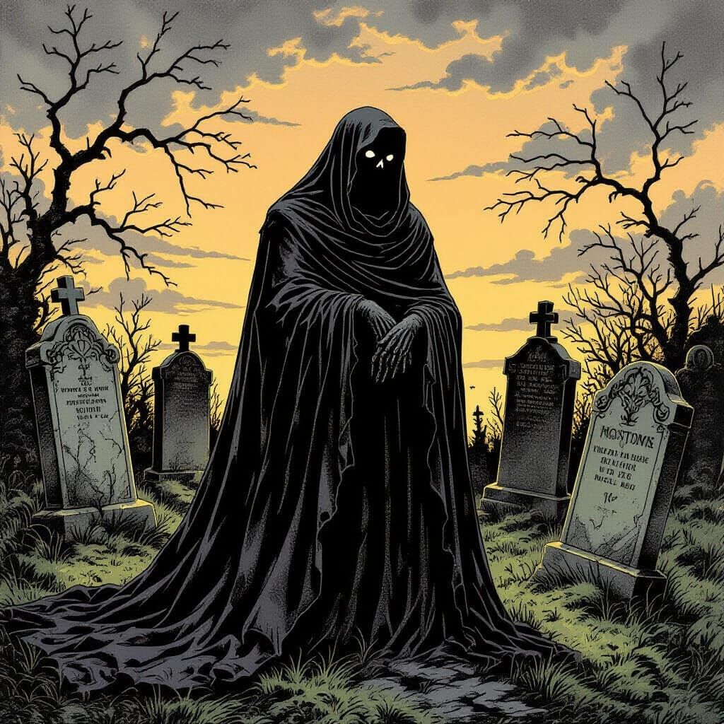 Ghostly King in Victorian Graveyard, Dark Fantasy Etching St...