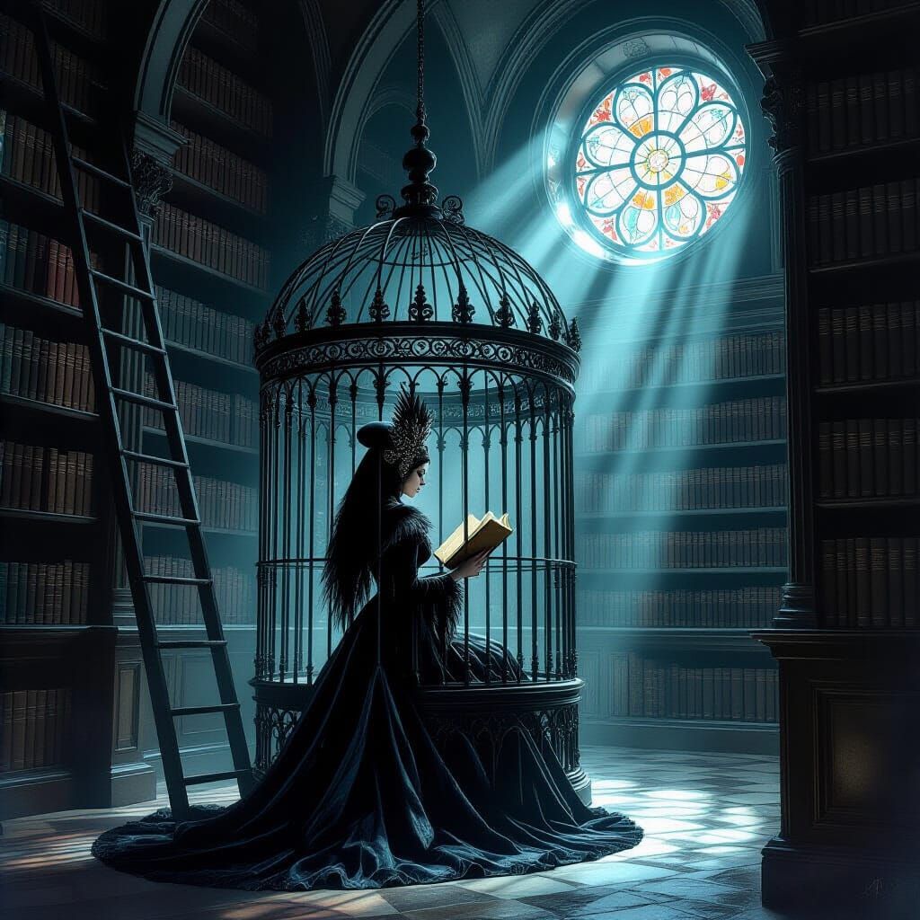 Woman Confined in Ornate Victorian Cage in Dark Library