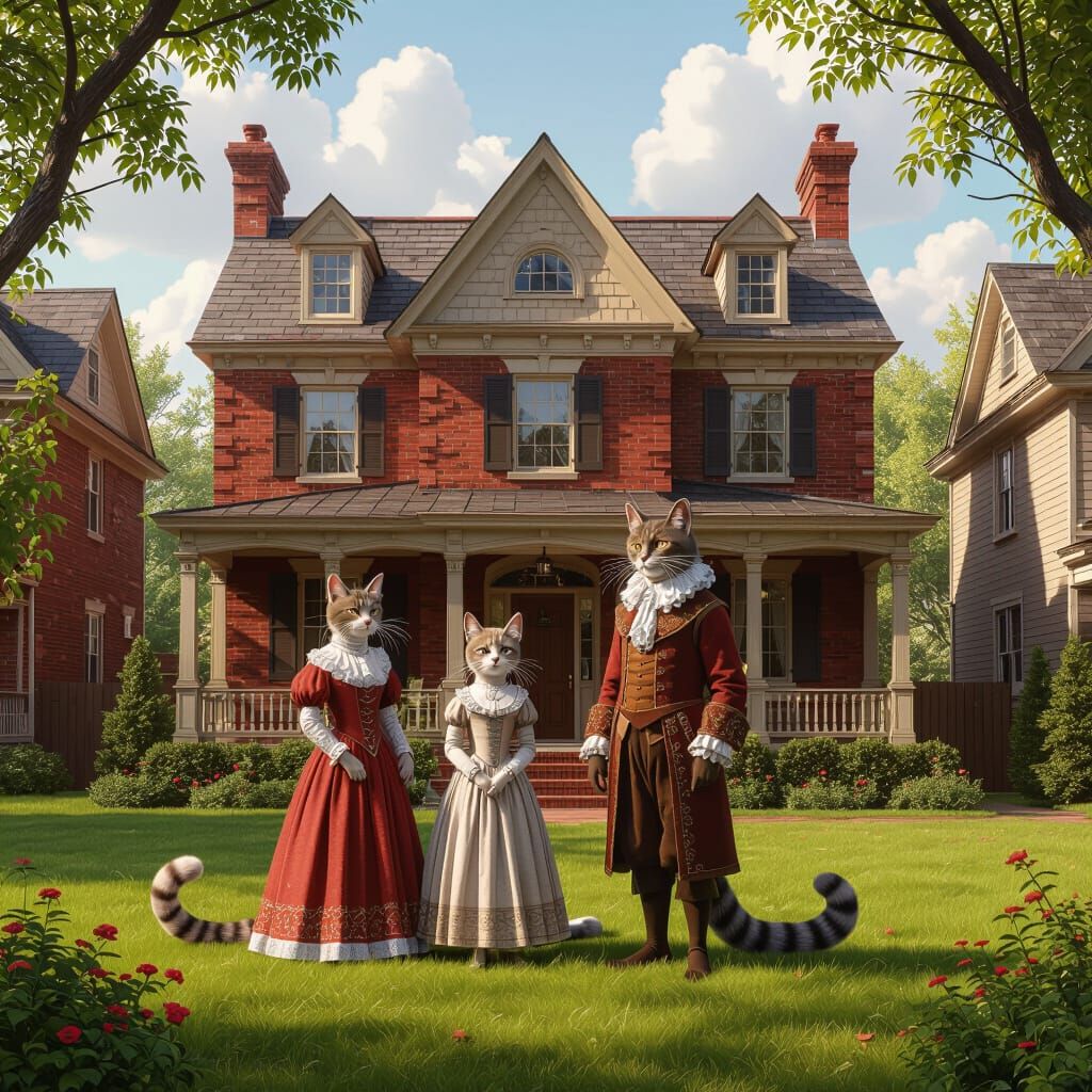 Renaissance Drawing of Cat People Family and Suburban Home