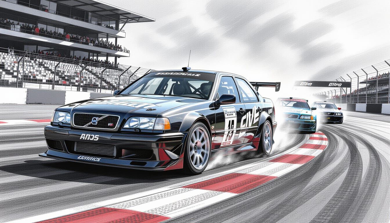 Volvo 850 Race Cars in Dramatic Charcoal Drawing Style