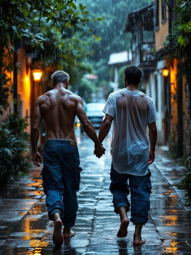 Two Men Walking Hand-in-Hand in Greek Village on Rainy Night