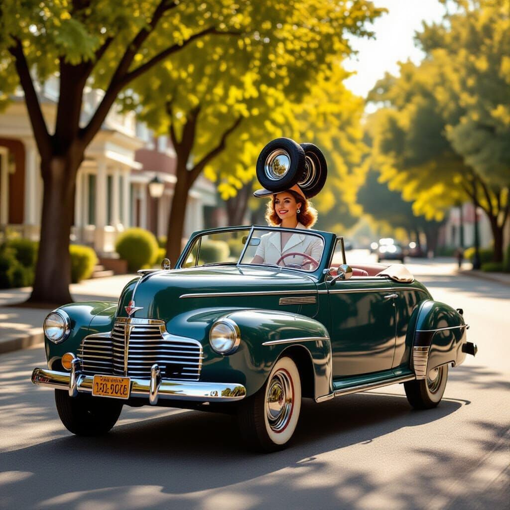 1940s Woman Drives Convertible With Tire Hat