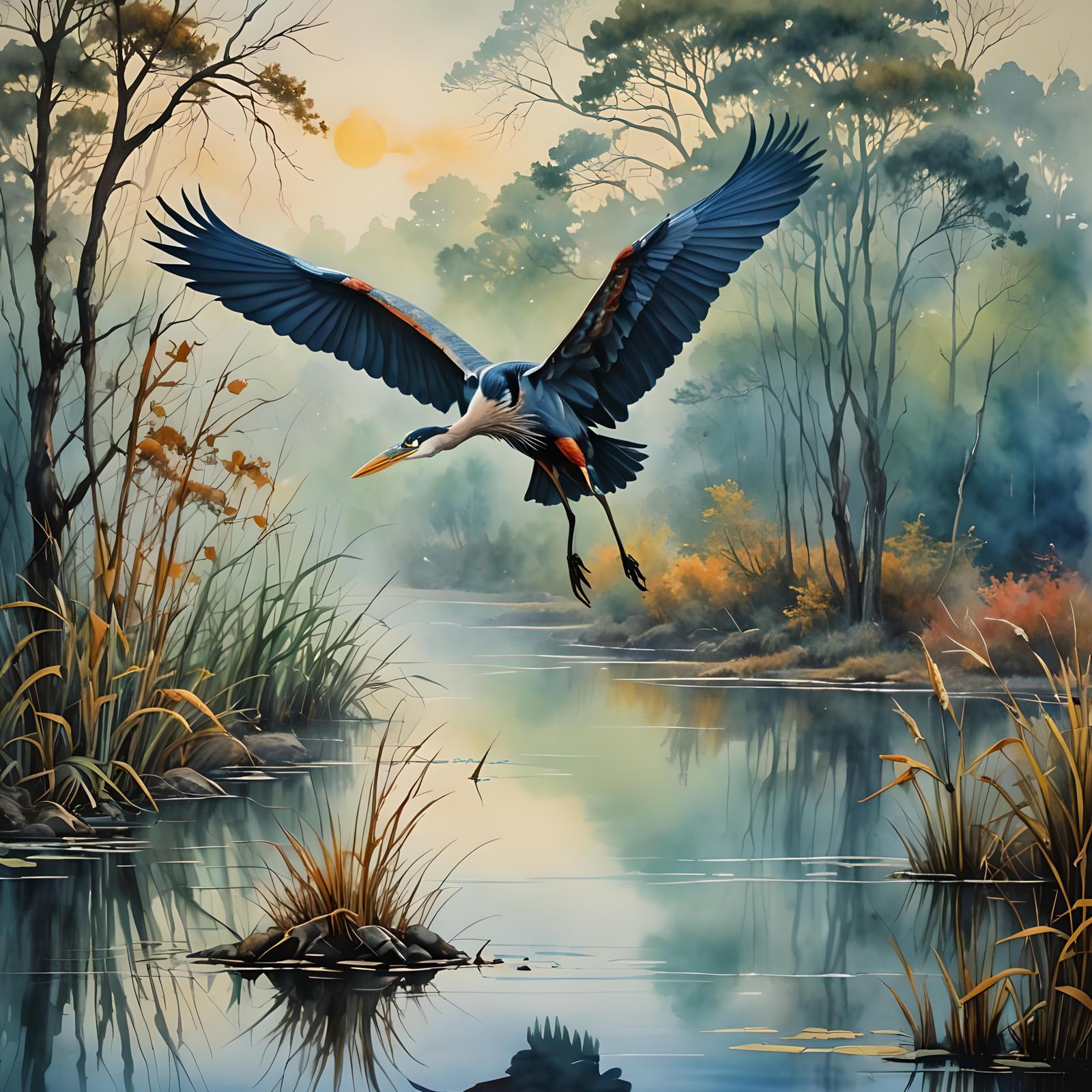 Great Blue Heron in Misty Lake, Watercolor Surrealism