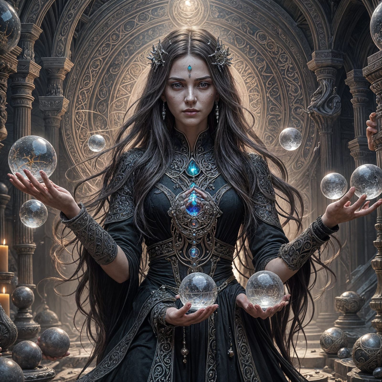 Ethereal Eight-Armed Woman with Crystal Balls