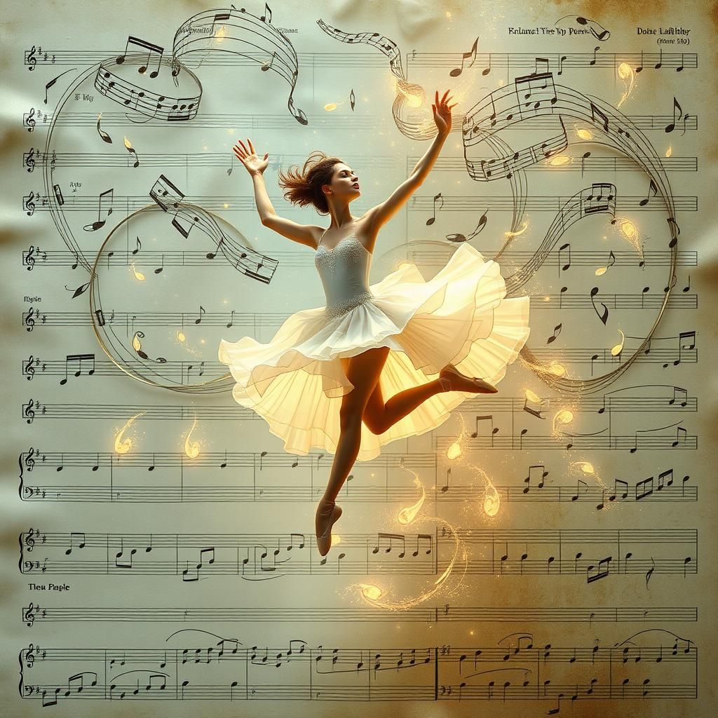 Ballerina Dancing on Music Paper in Art Nouveau Style