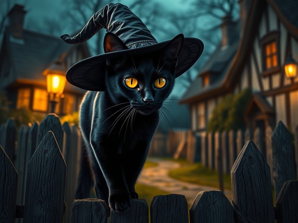 Black Cat Witch Illuminated by Street Lamp