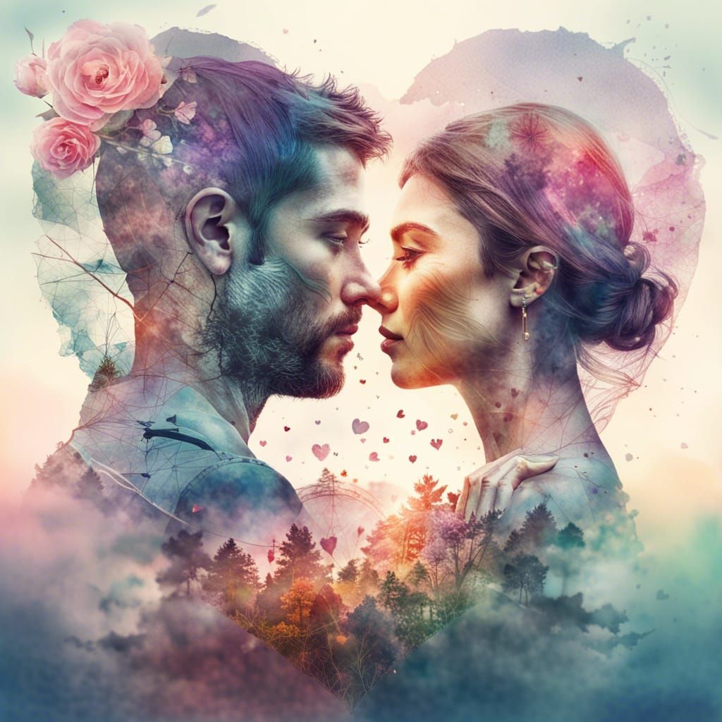 Valentine's Couple: Double Exposure Watercolor Art