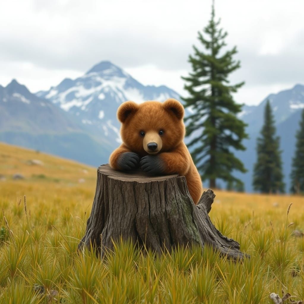 Brown Bear Hugging Tree Stump in Meadow