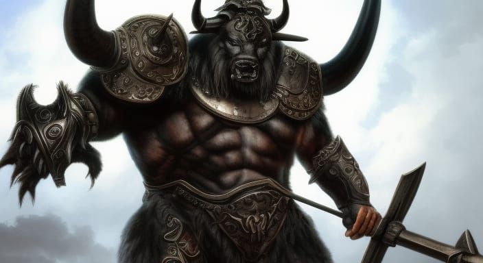 Black-Furred Minotaur Wielding Axe: Fantasy Concept Art