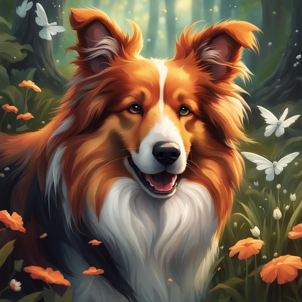 Fluffy Collie in Enchanted Spring: Digital Portrait