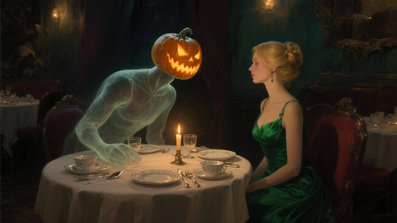Ghostly Pumpkin Man at Romantic Valentine's Dinner