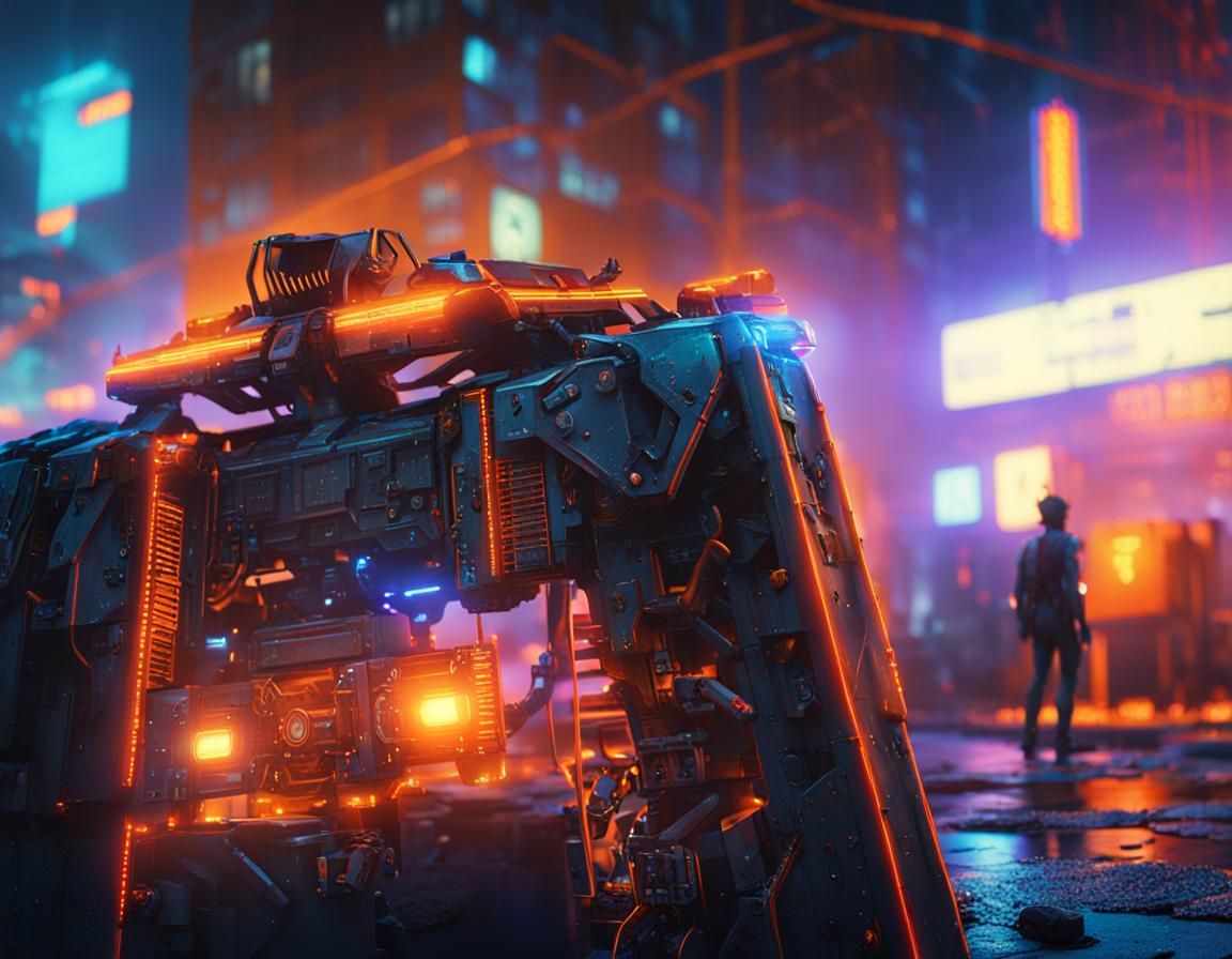 Cyberpunk Transformer in Dimly Lit Cityscape
