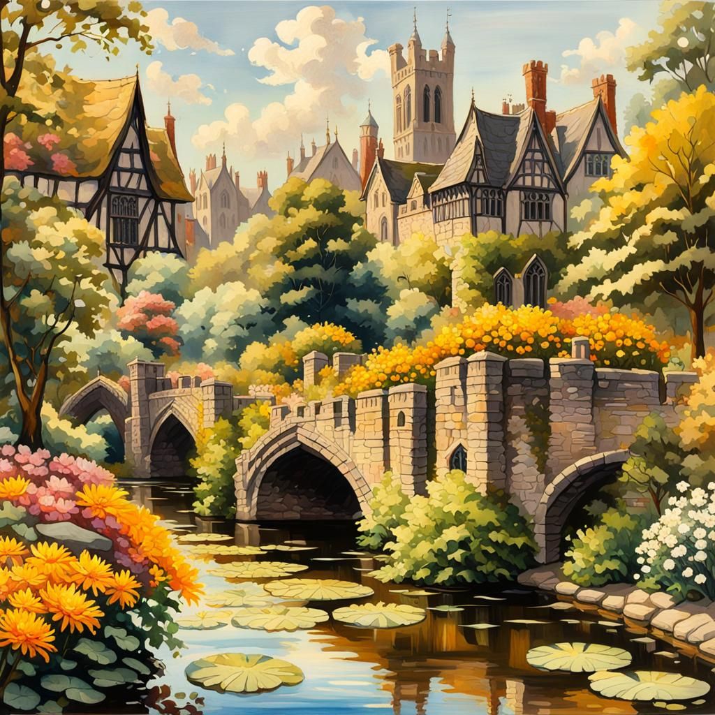 Gothic Tudor City by River: Gouache Style