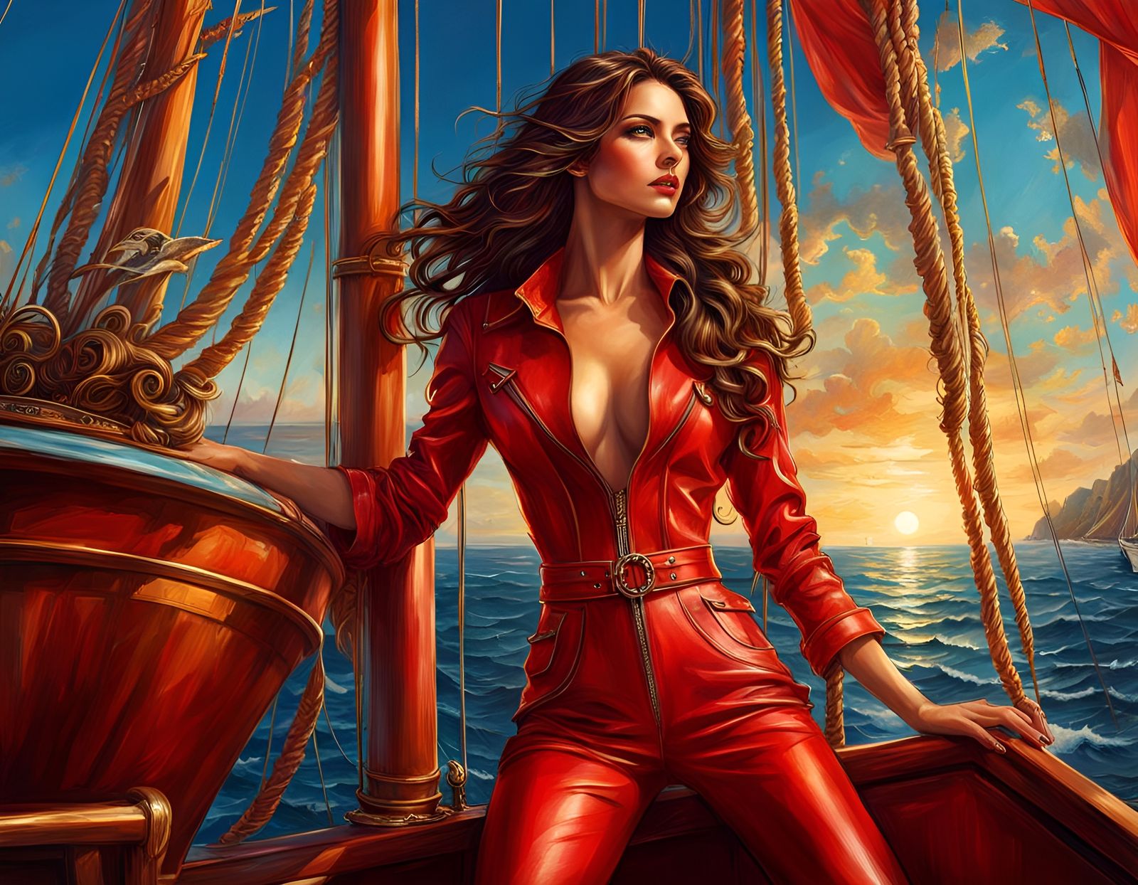 Brunette in Red Jumpsuit on Caribbean Yacht